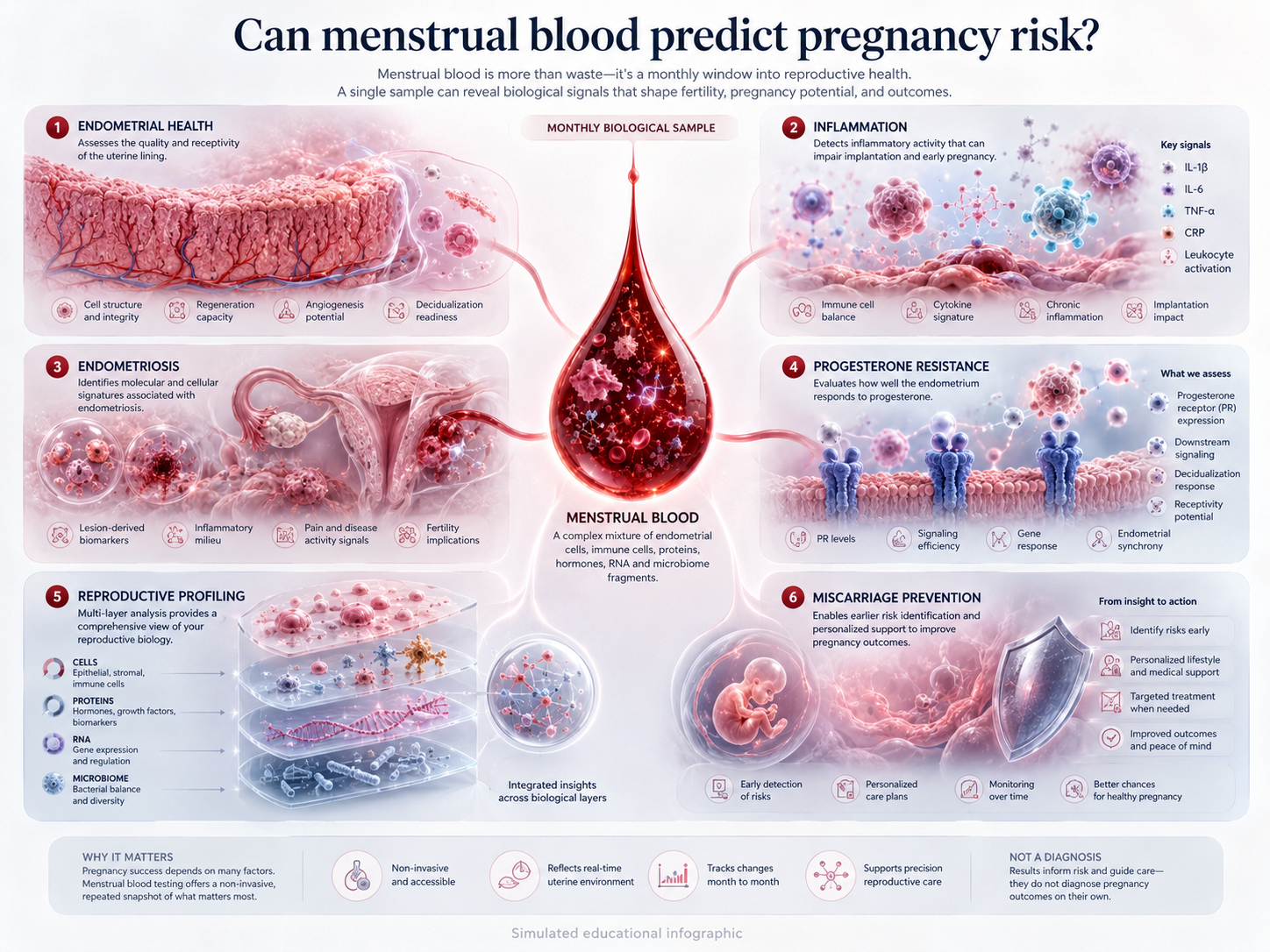 Microscope image concept showing pregnancy bleeding analyzed through magnified views of blood cells, inflammation, fibrin and tissue fragments.