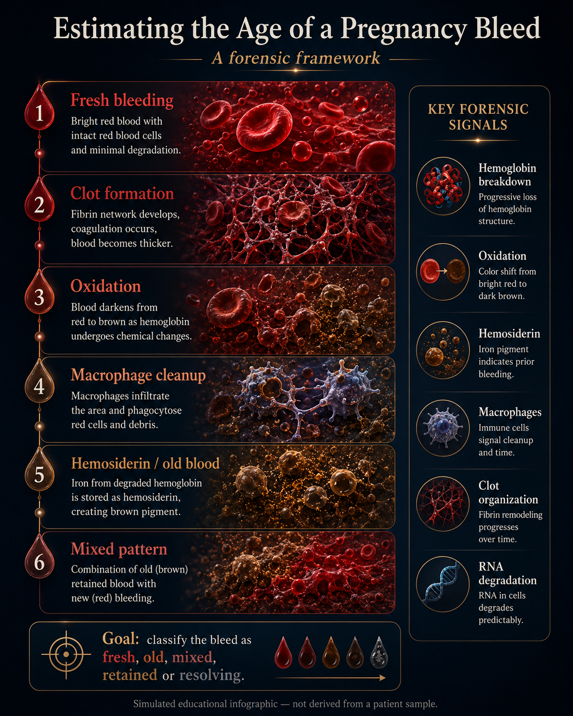 Microscope image concept showing pregnancy bleeding analyzed through magnified views of blood cells, inflammation, fibrin and tissue fragments.
