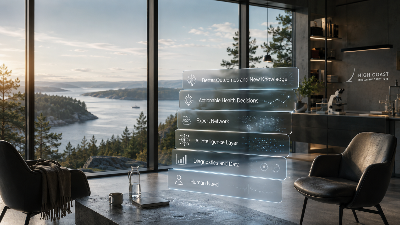 Modern lounge, futuristic UI, Intelligence stack