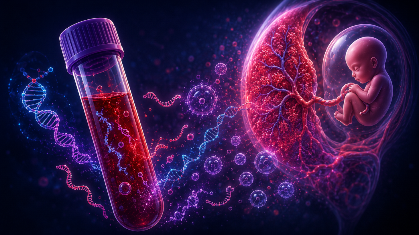 Scientific illustration of pregnancy bleeding analyzed through DNA, RNA, methylation and tissue-of-origin mapping at the maternal-fetal interface.