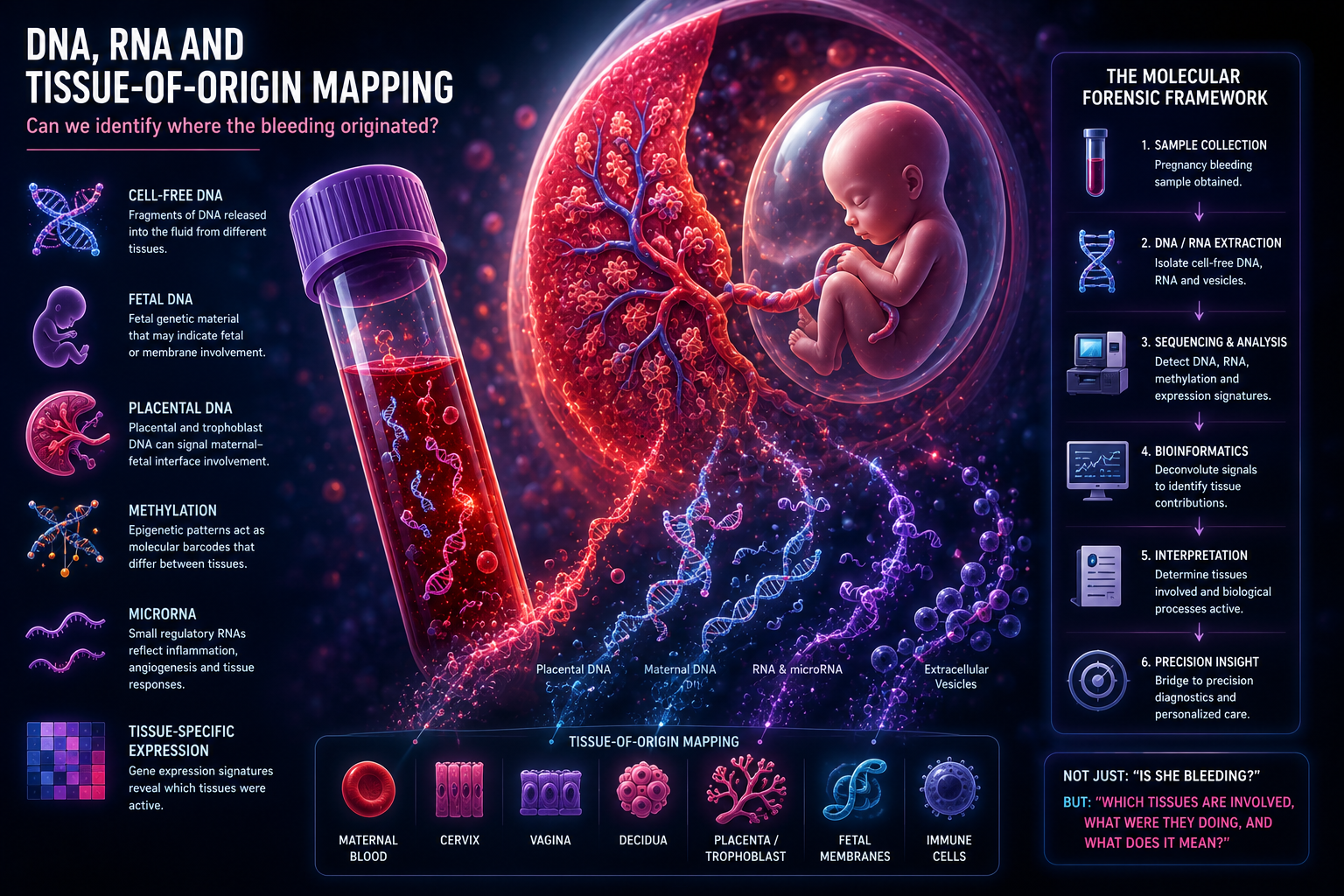 Microscope image concept showing pregnancy bleeding analyzed through magnified views of blood cells, inflammation, fibrin and tissue fragments.