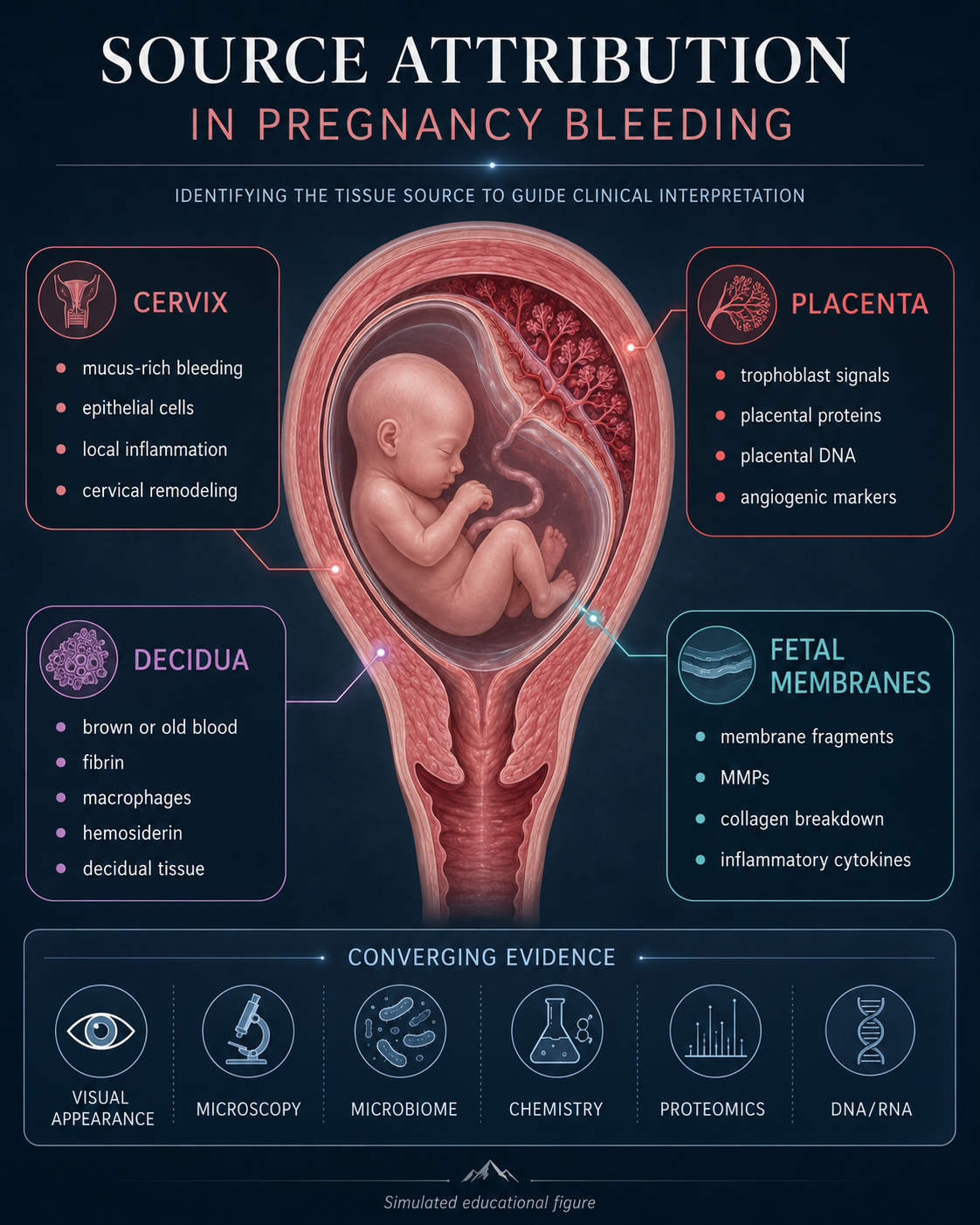 Microscope image concept showing pregnancy bleeding analyzed through magnified views of blood cells, inflammation, fibrin and tissue fragments.