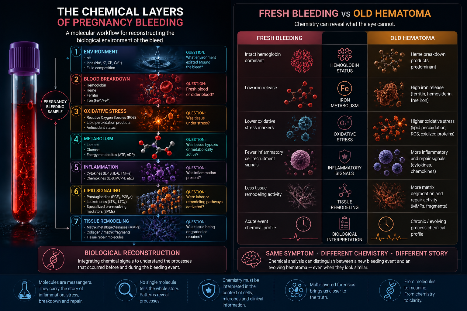 Microscope image concept showing pregnancy bleeding analyzed through magnified views of blood cells, inflammation, fibrin and tissue fragments.