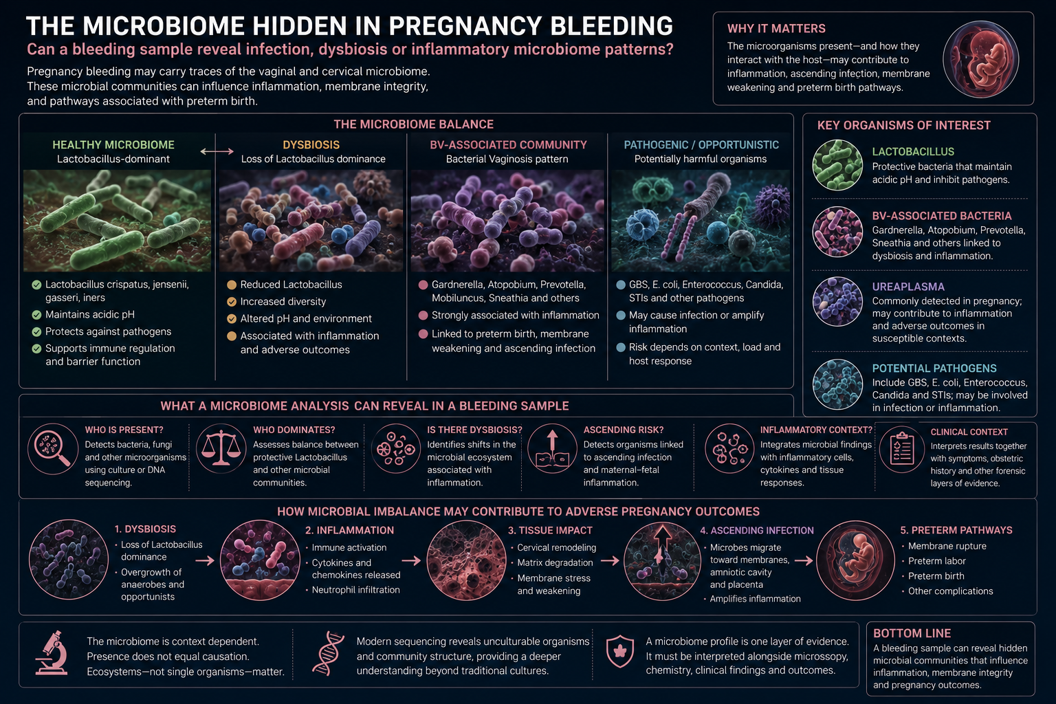 Microscope image concept showing pregnancy bleeding analyzed through magnified views of blood cells, inflammation, fibrin and tissue fragments.