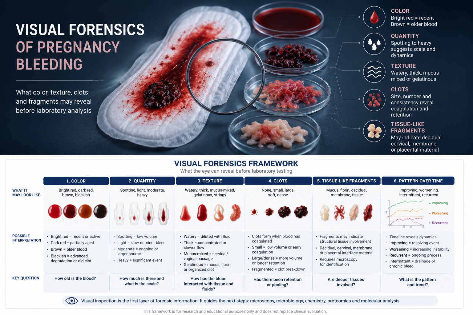 Scientific visual illustration of pregnancy bleeding phenotypes showing color, clotting, mucus and tissue-like fragments as forensic clues.